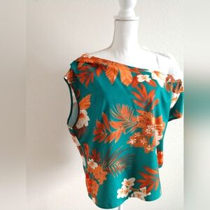 Cute Shein One Shoulder Blouse Top Hawaiian Floral Green Orange XL Chest 42"